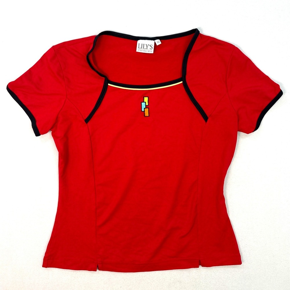 Lilys of Beverly Hills Red Short Sleeve Square Neck Top Embroidery Vintage M